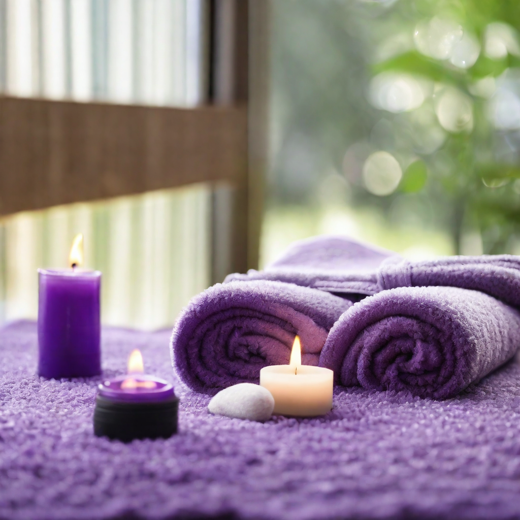 MEH_a_photo_for_aromatherapy_wellbeing_tranquil_massage_room_grey_color_carpet_purple_color_towel_on_massage_bed_sun-kissed_fields_Serene_calming_uplifting_no_spa